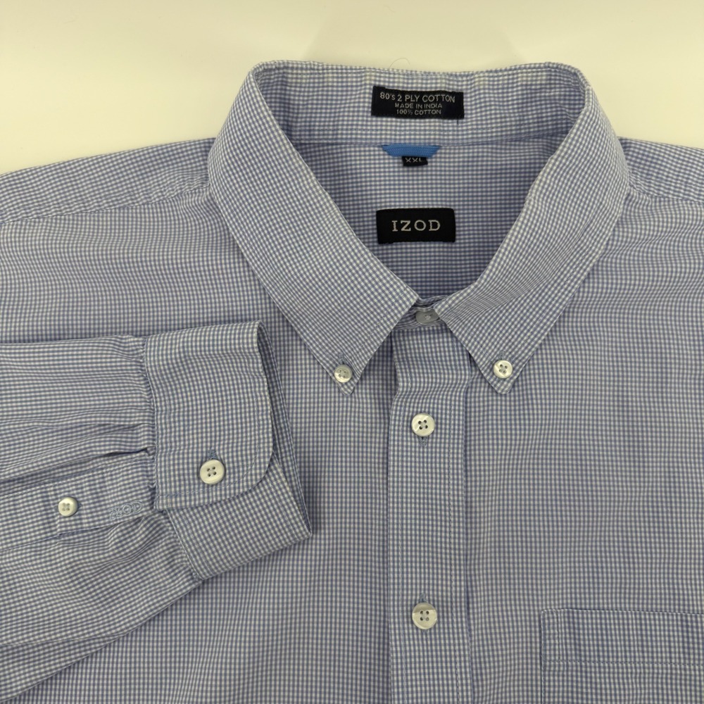 IZOD XXL Mens Blue Gingham 80s 2-Ply Cotton Button Down Long Sleeve Shirt
